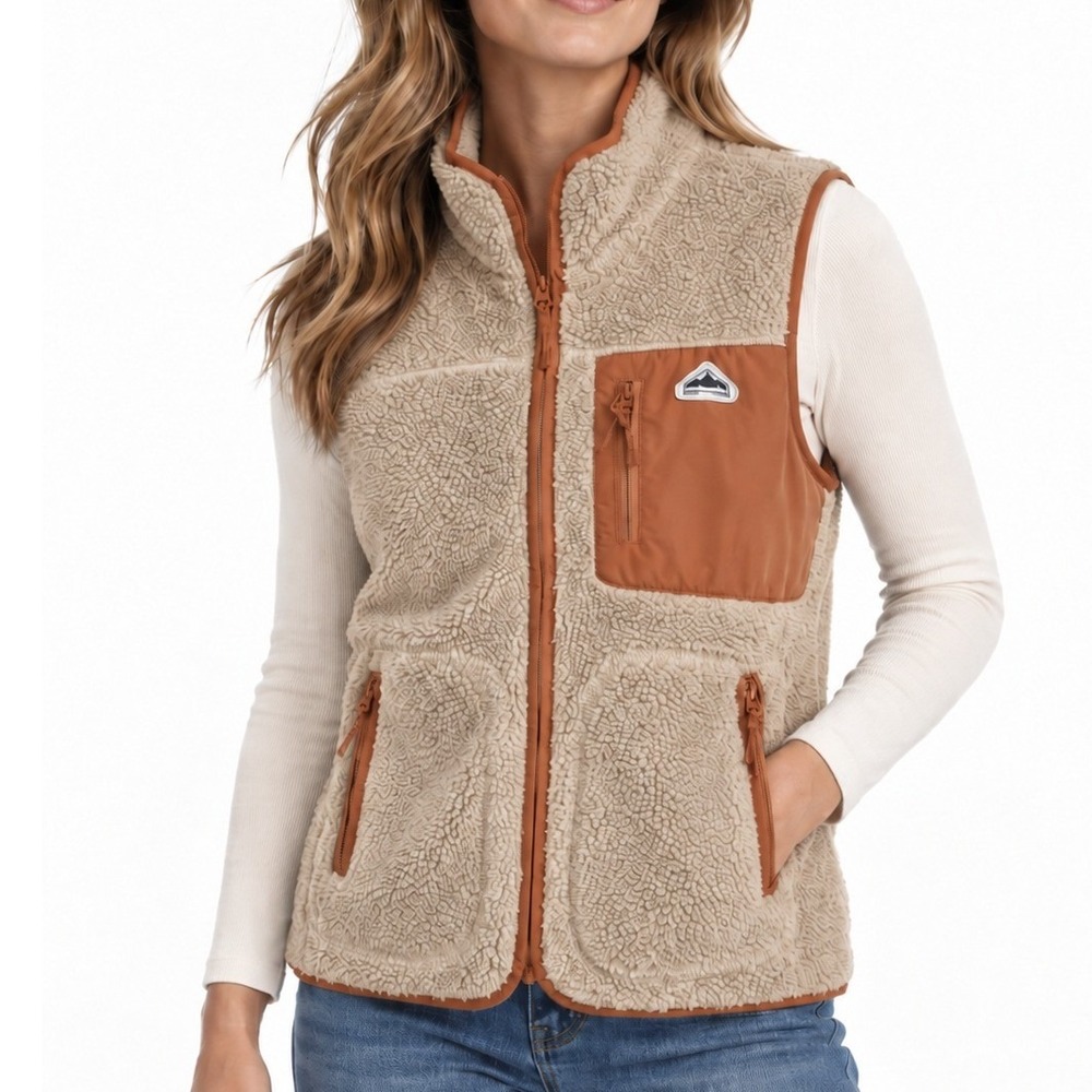 Penfield Sherpa Fleece Vest Mens Medium Beige Rust Full Zip Utility Outdoor